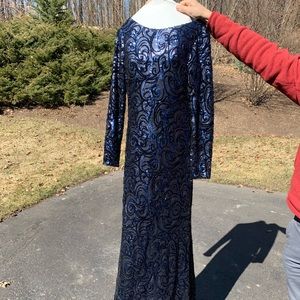 Badgley Mischka Navy Long Sleeve Sequin Gown